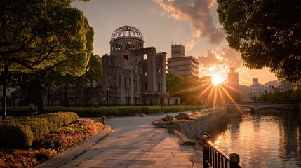 Obraz premium Dusty brown and golden sun rays, Hiroshima Peace Memorial at dawn, historical photo realism, reflective mood, off-center depth focus