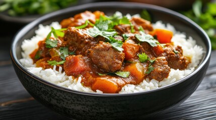 Hearty beef stew with rice and vegetables
