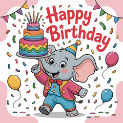 Naklejka premium Happy Birthday Elephant with Rainbow Cake and Balloons on White Background birthday cake