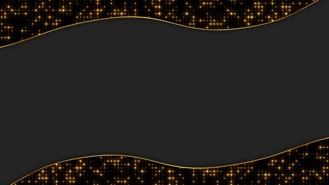golden border wave freme with glitter shiny gold stars on black background animation, christmas and new year luxury dark motion background	
