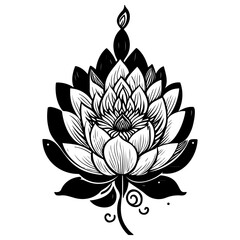 Detailed line art illustration of a stylized lotus flower with a flame or bud at the top serene
