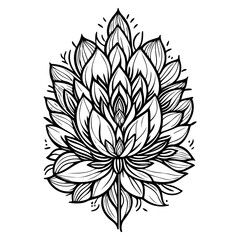 Detailed line art drawing of a stylized blossoming flower design against a plain backdrop evoking