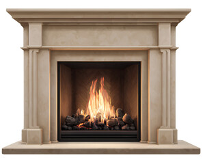 Fireplace, a beige fireplace with a fire burning inside, on a transparent