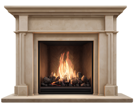 Fireplace, a beige fireplace with a fire burning inside, on a transparent