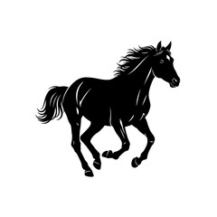 Obraz premium A striking black silhouette of a galloping horse with its mane flowing in the wind, captured in a dynamic side profile against a white background.