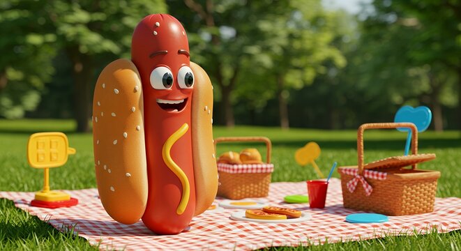 Playful Cartoon Hot Dog Character at Picnic Scene