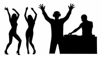Silhouettes of two women dancing with a dj raising his hands and another dj at the turntable | editable eps vectors