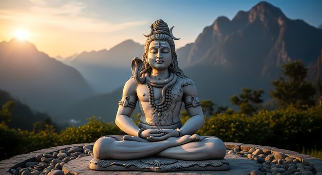 A meditating statue of Lord Shiva in a calm outdoor setting during sunset with mountains in background.

