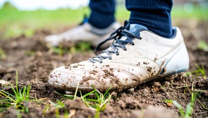 Close-up of muddy soccer cleats standing on a grassy, muddy field.