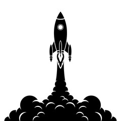 Black silhouette of a rocket launching into space with a large plume of smoke and fire, symbolizing progress and innovation.