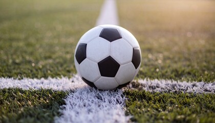 A classic black and white soccer ball rests on the white line of a green grass field, ready for a game.