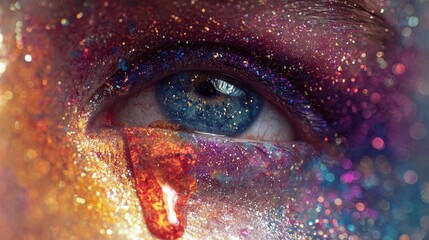 Naklejka premium Face melting into a pool of vibrant tears, reflecting a starry galaxy within each drop 