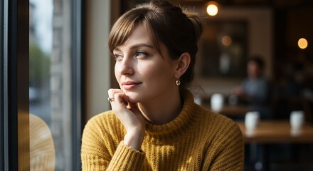 Soft, natural-light portrait of Anne sitting by a café window, sunlight illuminating her face with gentle shadows