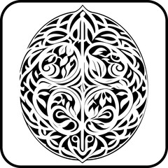 Elaborate abstract floral decorative design within an oval frame showcasing intricate linework and