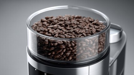 Transparent glass coffee bean hopper on chrome espresso machine, filled with dark roast beans, natural light highlighting purity, product photography for Coffee Day