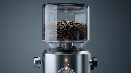 Transparent glass coffee bean hopper on chrome espresso machine, filled with dark roast beans, natural light highlighting purity, product photography for Coffee Day