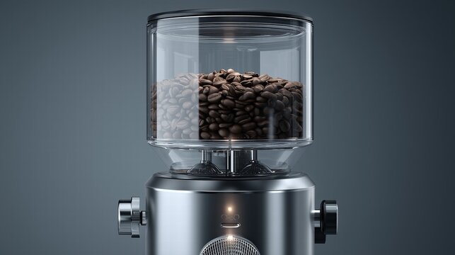 Transparent glass coffee bean hopper on chrome espresso machine, filled with dark roast beans, natural light highlighting purity, product photography for Coffee Day