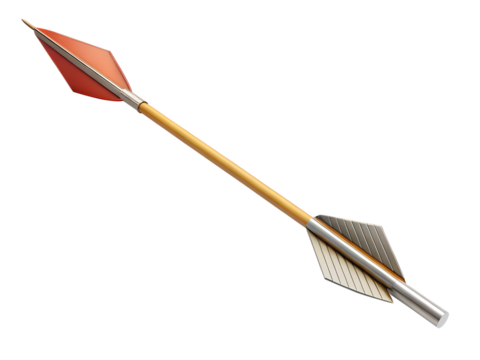 A vintage archery arrow with a wooden shaft, red fletching, and metal tip isolated on transparent background