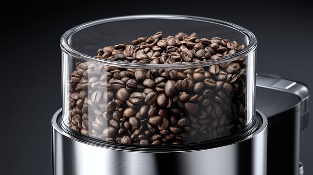 Transparent glass coffee bean hopper on chrome espresso machine, filled with dark roast beans, natural light highlighting purity, product photography for Coffee Day