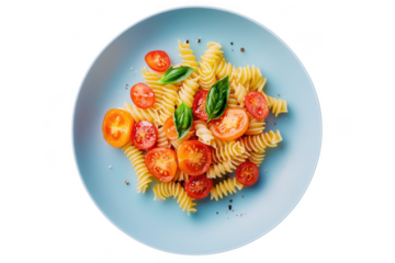 Delicious fusilli pasta with fresh cherry tomatoes and basil on a blue plate, gourmet italian cuisine, food photography isolated on transparent background