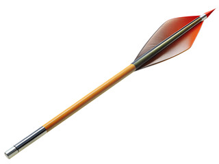 An archery arrow with a wooden shaft, red and grey fletching, and metal tip isolated on transparent background