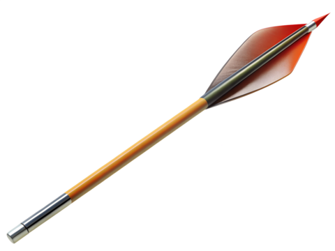 An archery arrow with a wooden shaft, red and grey fletching, and metal tip isolated on transparent background