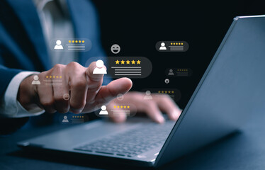 Customer feedback and review good rating concept, person in a business suit interacting with floating digital 5-star customer reviews. testimonial and testimony, user comment and feedback for review.