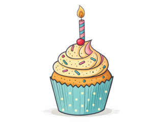 Hand drawn cupcake with frosting candle and cherry on top isolated on black