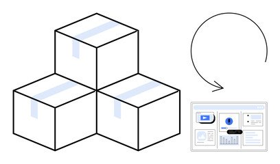 Three stacked shipping boxes with tape represent inventory, paired with a digital dashboard interface symbolizing supply chain management. Ideal for logistics, shipping, inventory, technology
