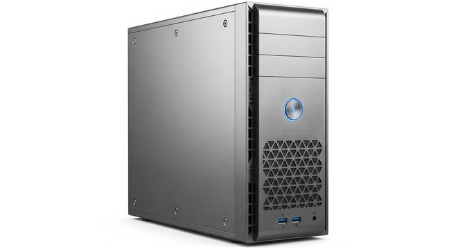 Modern silver tower computer workstation with blue dell logo and ventilation grille