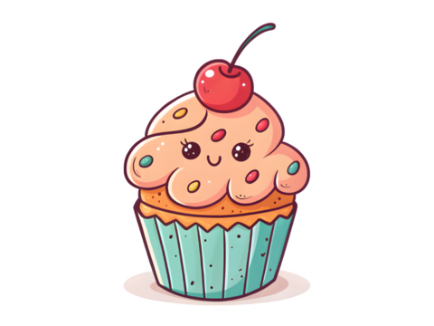 Cute kawaii cupcake with cherry and sprinkles