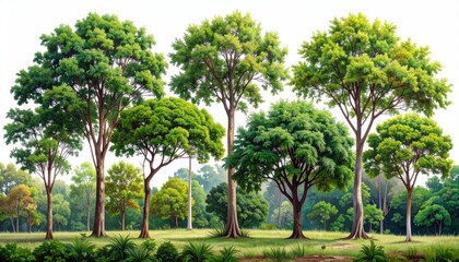 Fototapeta premium Lush trees line a verdant field. Bright foliage creates an idyllic and natural scene. A serene and peaceful landscape painting in vivid colors