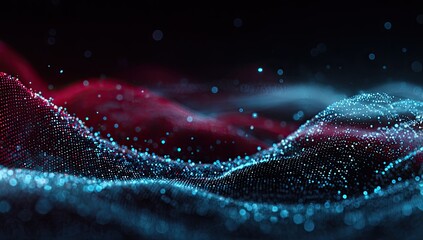 Abstract digital landscape of swirling, interconnected particles in shades of red and blue