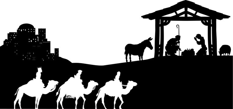 A Christmas nativity scene with baby Jesus in the manger, wise men and city of Bethlehem in the background - Powered by Adobe