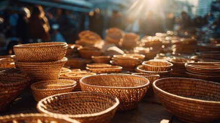 Handmade baskets in a sunlit outdoor market, glowing softly to attract customers
