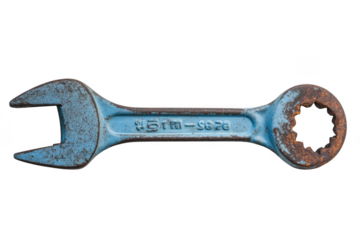 Blue wrench tool, old and rusty spanner for repairing and tightening bolts, mechanical equipment, industrial tool isolated on transparent background