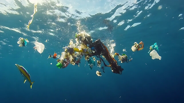 Underwater Scene of Marine Pollution with Plastic Waste and Fish