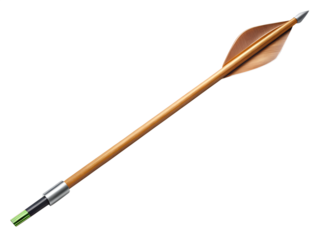 Traditional wooden archery arrow with fletching, isolated on transparent background