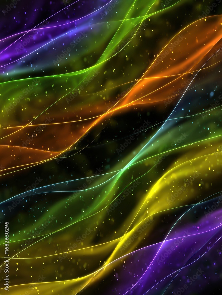 Poster bright and colorful wave patterns intertwine with star-like effects, creating a lively atmosphere ag