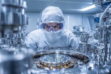 A researcher dressed in a protective suit and goggles examines precise instruments in a cleanroom laboratory. The environment is sterile and equipped with advanced technology for experiments