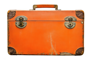 Vintage orange suitcase luggage travel baggage retro case antique trunk vacation journey isolated on transparent background