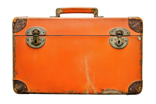 Vintage orange suitcase luggage travel baggage retro case antique trunk vacation journey isolated on transparent background