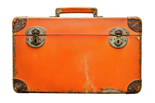 Vintage orange suitcase luggage travel baggage retro case antique trunk vacation journey isolated on transparent background