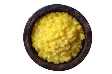 Delicious cornmeal mush in wooden bowl, hot cereal breakfast food, yellow porridge, healthy meal, culinary delight, isolated on transparent background