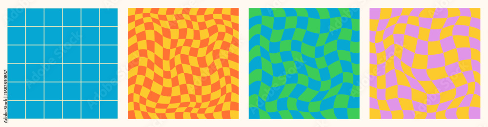Canvas Prints psychedelic checkerboard. retro set 60s 70s vector seamless patterns, groovy hippie style background