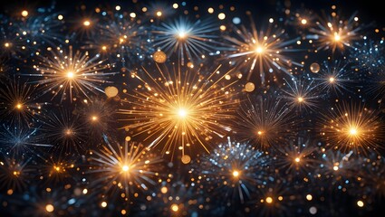 Naklejka premium Exploding fireworks display illuminating the night sky with brilliant golden bursts