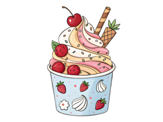 Delicious swirl soft serve ice cream sundae with cherries and pineapple