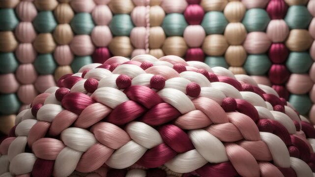 Closeup of a colorful braided rope pattern, a decorative textile craft in studio