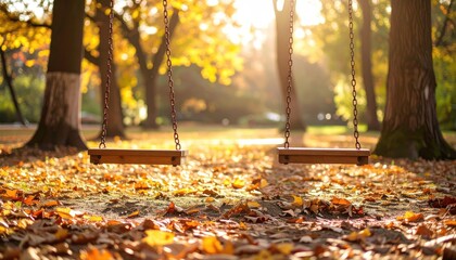 Sunlit swings in autumn. Leaves cover the ground beneath trees bathed in golden light. A serene park scene with two empty swings hanging invitingly