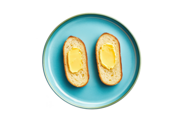 Two slices of bread with butter on a blue plate, breakfast food photography, bakery still life, culinary art, delicious treat, isolated on transparent background